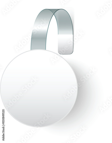 Blank, round shelf wobbler is hanging, attached to a transparent plastic strip. The wobbler is ready for your message.