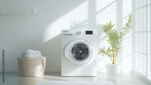 wahing machine in laundy area in home. in white theme