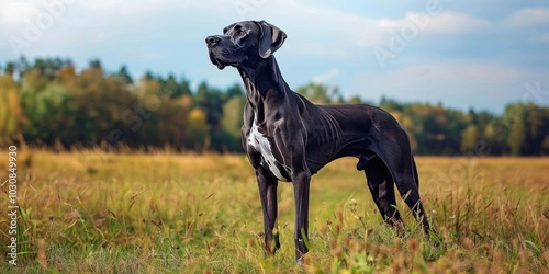 Black Great Dane Standing in a Field