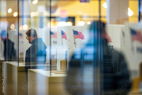 Diverse citizens at ballot station on election day. White and African American male and female voters holding voting forms in hands standing in line at polling place. Crop shot. US democracy concept photo