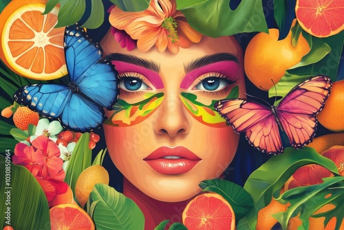 Woman with butterfly facial art surrounded by oranges photo