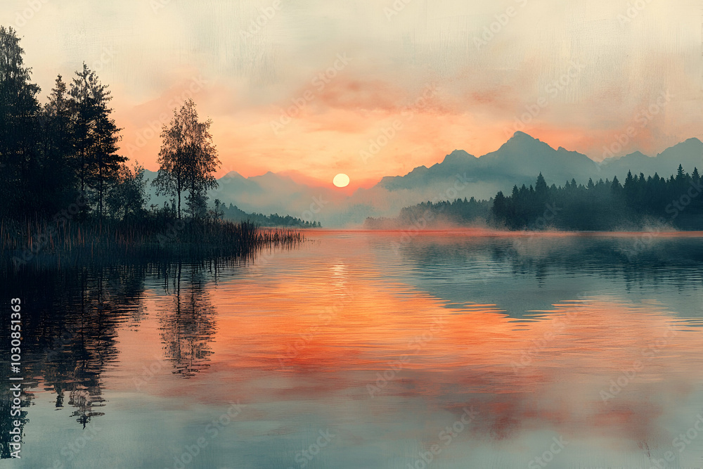 A serene landscape at sunset, featuring a calm lake reflecting the colorful sky and surrounded by trees and mountains. A serene landscape at sunset, featuring a calm lake reflecting the colorful sky and surrounded by trees and mountains.