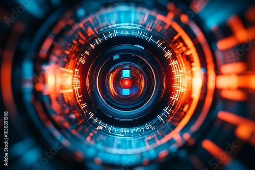 Wallpaper Mural Cyberpunk Camera Lens with Glowing Red and Blue Vortex. Torontodigital.ca