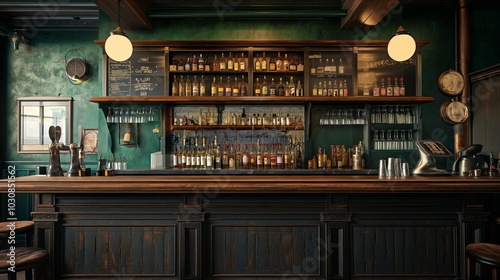 the counter bar in a cosy old english or irish pub with lots of whisky bottles in the background