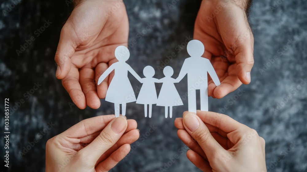 hands holding paper family cutout, family home, adoption foster care, homeless support , mental health, homeschooling , cost of living during. recession concept hands holding paper family cutout, family home, adoption foster care, homeless support , mental health, homeschooling , cost of living during. recession concept