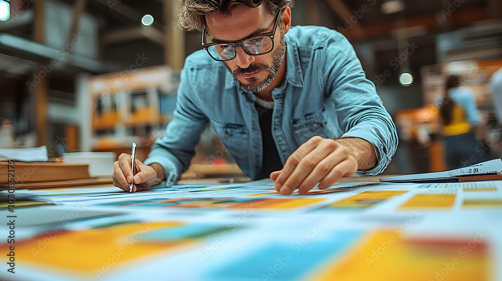 Man analyzing colorful designs on a table in a creative workspace. Man analyzing colorful designs on a table in a creative workspace.