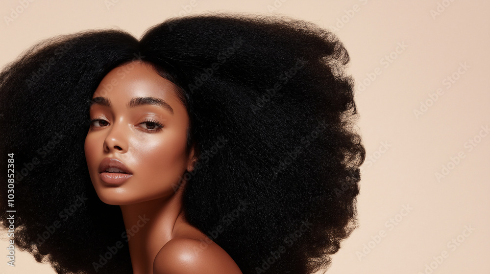 Portrait of young African American woman with voluminous natural afro curls highlighting hair care concept, including shampoo, conditioner, and styling products for healthy, beautiful hair Portrait of young African American woman with voluminous natural afro curls highlighting hair care concept, including shampoo, conditioner, and styling products for healthy, beautiful hair