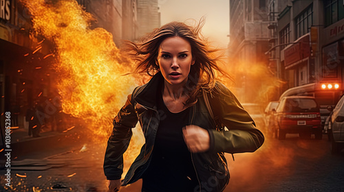 Action shot with woman on the run. Dynamic scene in action movie blockbuster style.