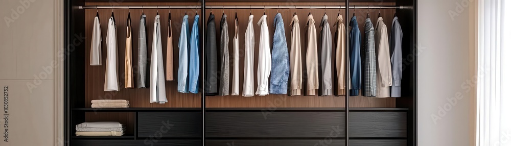 A modern wardrobe showcasing neatly hung shirts and folded towels, featuring a sleek design and organized layout. A modern wardrobe showcasing neatly hung shirts and folded towels, featuring a sleek design and organized layout.