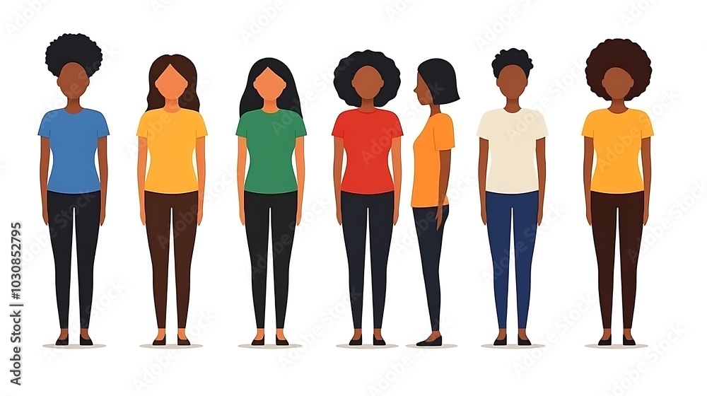 Diverse group of seven black women in casual clothing standing together. Diverse group of seven black women in casual clothing standing together.