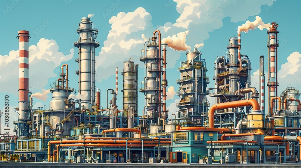 Detailed illustration of a chemical plant's exterior, highlighting a complex tangle of pipes and ducts against industrial buildings and smokestacks. Oil refinery, factory, industrial scene. High Detailed illustration of a chemical plant's exterior, highlighting a complex tangle of pipes and ducts against industrial buildings and smokestacks. Oil refinery, factory, industrial scene. High