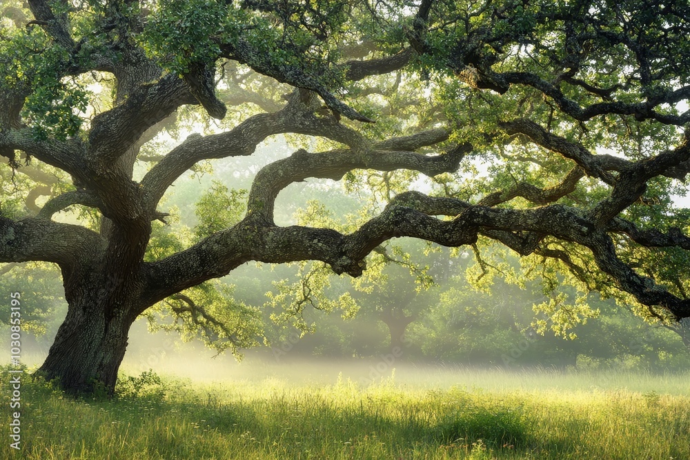 Ancient Oak Tree in a Foggy Meadow Its Branches Stretching Like a Giant Hands. Ancient Oak Tree in a Foggy Meadow Its Branches Stretching Like a Giant Hands.