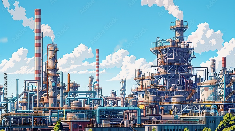 Detailed illustration of a chemical plant's exterior, highlighting a complex tangle of pipes and ducts against industrial buildings and smokestacks. Oil refinery, factory, industrial scene. High Detailed illustration of a chemical plant's exterior, highlighting a complex tangle of pipes and ducts against industrial buildings and smokestacks. Oil refinery, factory, industrial scene. High