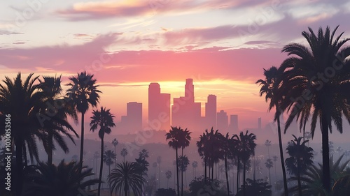 Sunset Over Los Angeles Skyline with Silhouetted Palm Trees and Vibrant Sky Colors