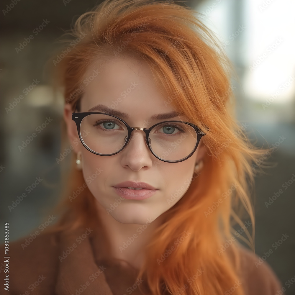 Una linda chica de pelo naranja y lentes gruesos de armazón negro Una linda chica de pelo naranja y lentes gruesos de armazón negro