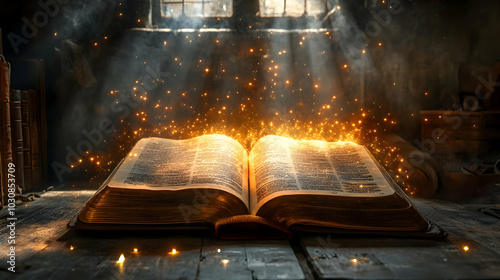 An open book emitting magical sparks in a dimly lit room.