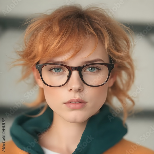 Una mujer hermosa, que parece modelo, con lentes de pasta negra photo