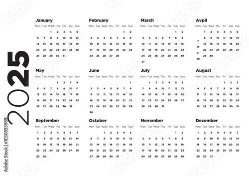 Calendar 2025 in English, Week starts on Monday 