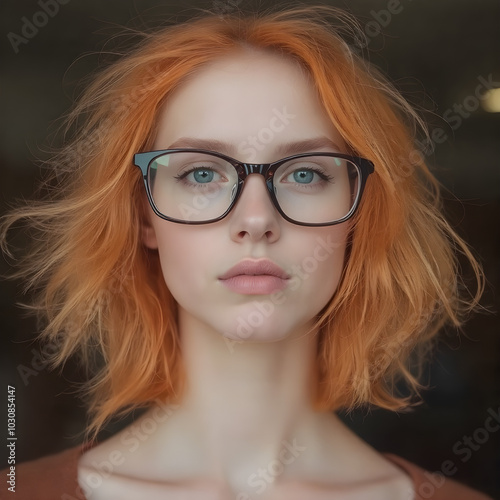 Una chica con pelo color naranja y lentes de pasta negra photo