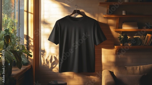 T-Shirt hanging on left hand side of the wall of a cozy room 