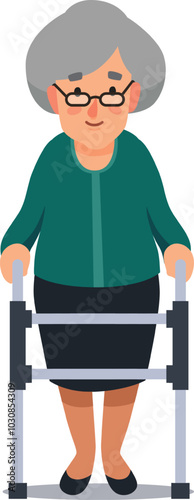 Illustration of an elderly woman with grey hair and glasses using a walker to help her stand and walk. She is smiling and appears to be in good spirits
