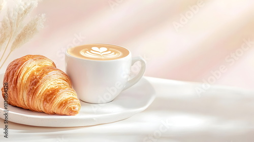 Golden Hour Croissant and Latte: A picture-perfect pairing of a buttery croissant and a creamy latte, bathed in the warm glow of morning sunlight. The perfect image for cafes, bakeries.