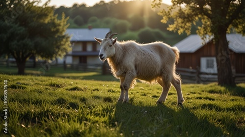 A white goat walks through a grassy field with a farmhouse in the background at sunset.