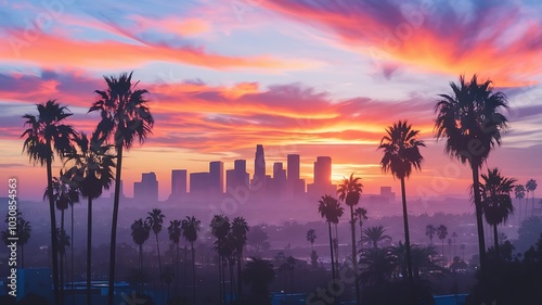 Sunset Over Los Angeles Skyline with Silhouetted Palm Trees and Vibrant Sky Colors
