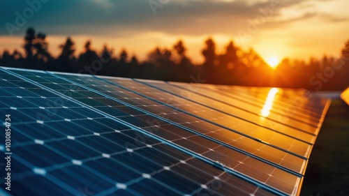 A close-up view of solar panels reflecting sunlight during sunset, emphasizing renewable energy and sustainable technology.
