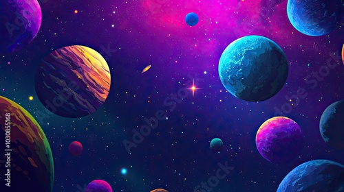 Cosmic background with colorful planets against the glowing stars. Abstract universe cover design. 
