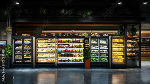 A modern grocery store display with organized food products.