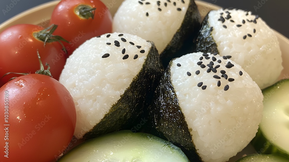 Onigiri Bento: A close-up of triangular onigiri (rice balls) wrapped in nori (seaweed), nestled alongside crisp cucumber slices and cherry tomatoes. Perfect for a quick, portable lunch. Onigiri Bento: A close-up of triangular onigiri (rice balls) wrapped in nori (seaweed), nestled alongside crisp cucumber slices and cherry tomatoes. Perfect for a quick, portable lunch.