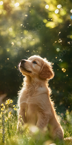 Filhote de golden retriever brincando em um campo gramado
