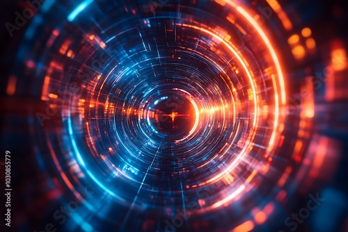 Futuristic Blue and Orange Glowing Concentric Circles Tunnel Design