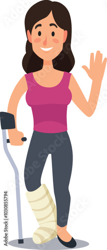 Young woman is standing and smiling with her broken leg in a cast while using crutches and waving her hand, showing her positive attitude towards recovery and rehabilitation after her injury