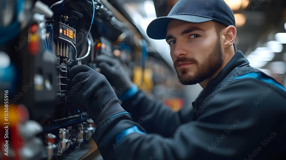 Technician working on machinery in a control panel environment. Technician working on machinery in a control panel environment.