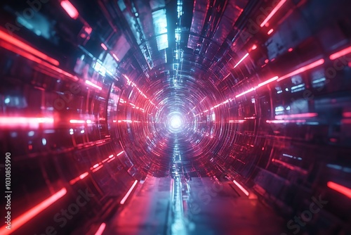 Futuristic Blue and Red Tunnel with Neon Lines