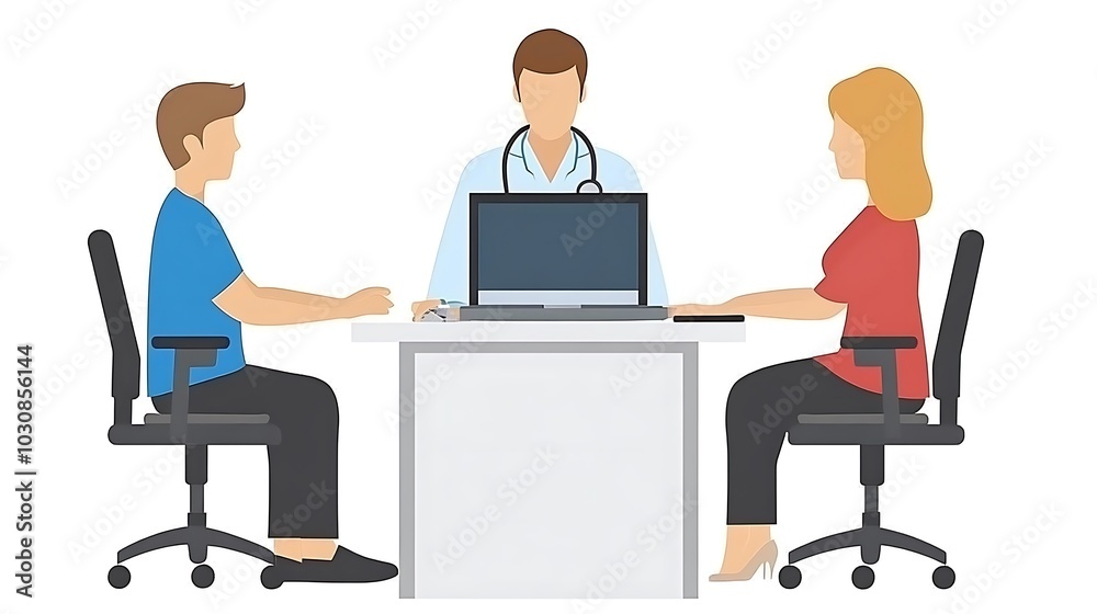 Doctor consulting with a couple at a table with a laptop. Doctor consulting with a couple at a table with a laptop.