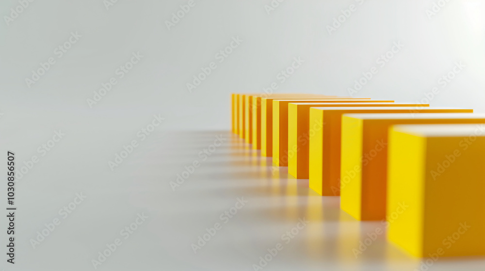Obraz premium A line of yellow 3D blocks of the same size arranged in a row on a white surface