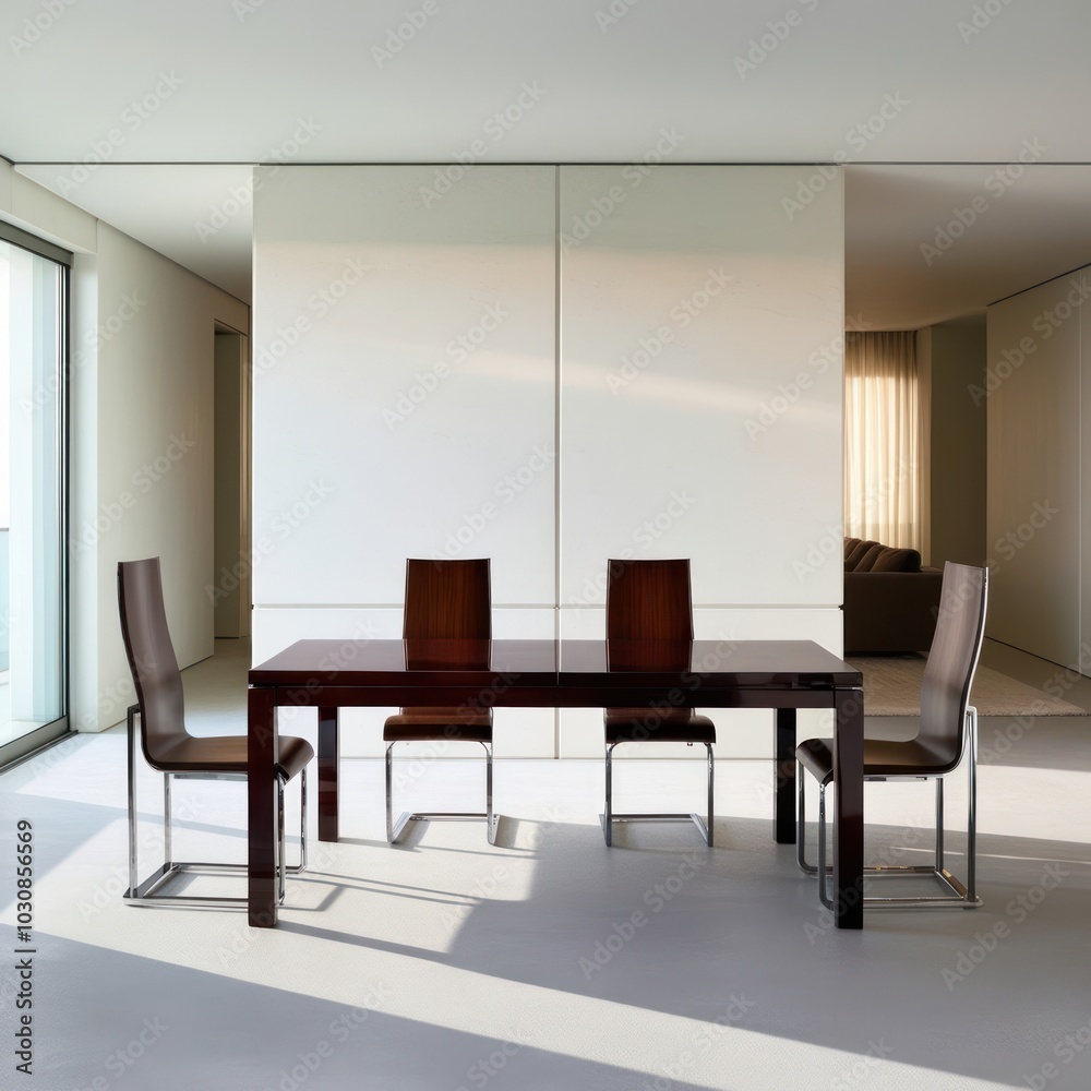 Modern dining room interior with a wooden table and four chairs. Modern dining room interior with a wooden table and four chairs.