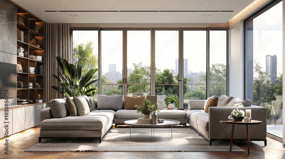 Modern Living Room with City View and Sectional Sofa Modern Living Room with City View and Sectional Sofa