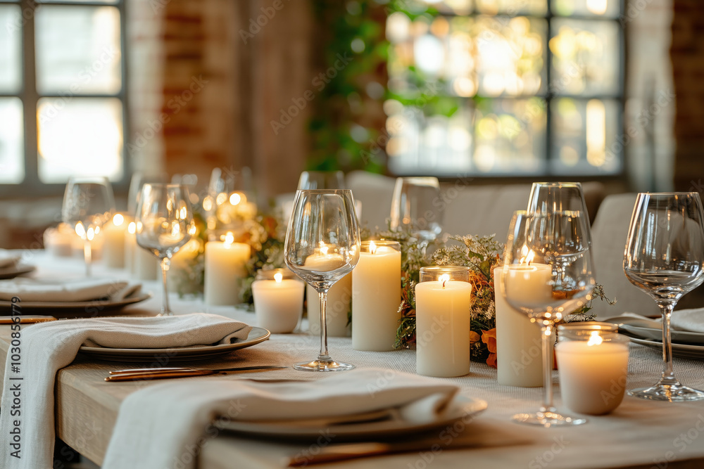 Luxury Fall Table Settings With Linen Napkins And Simple Low Centerpiece With Candles. Wedding Table Setting With Fall Decor