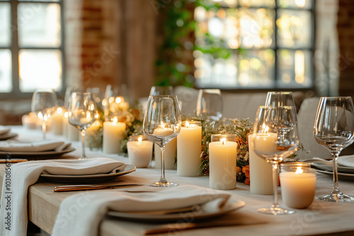 Obraz na płótnie Luxury Fall Table Settings With Linen Napkins And Simple Low Centerpiece With Candles. Wedding Table Setting With Fall Decor w salonie