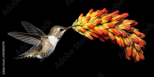 Beija-flor pairando perto de uma flor vibrante
