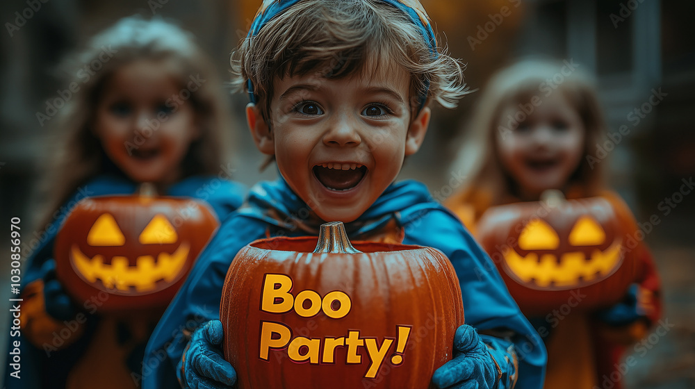 A group of children dressed as superheroes trick-or-treating with A group of children dressed as superheroes trick-or-treating with