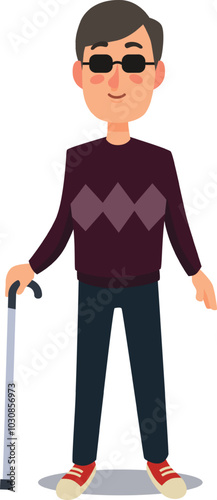 Smiling blind man confidently stands with his cane, exuding happiness and independence in casual clothes and dark glasses, embodying self reliance and determination