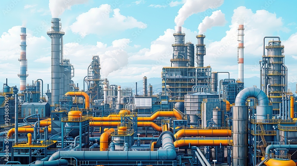 Detailed illustration of an oil refinery's exterior, showcasing a dense network of pipes and ducts against industrial buildings and smokestacks. Factory, chemical industry, industrial scene. High Detailed illustration of an oil refinery's exterior, showcasing a dense network of pipes and ducts against industrial buildings and smokestacks. Factory, chemical industry, industrial scene. High