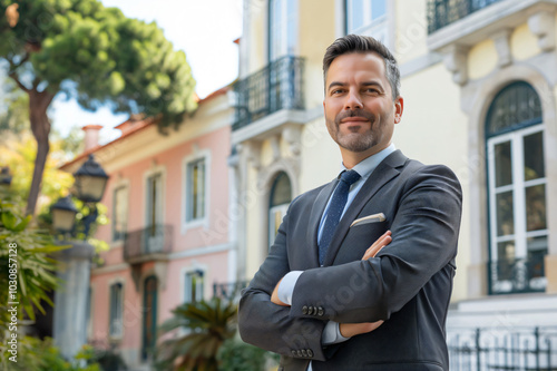 Real estate agent is smiling outside with his arms crossed in front of houses