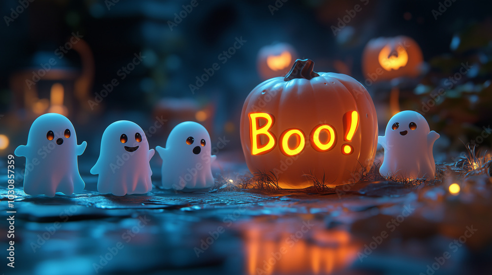 A sleek, minimalist Halloween scene featuring cartoon ghosts floating around a glowing A sleek, minimalist Halloween scene featuring cartoon ghosts floating around a glowing