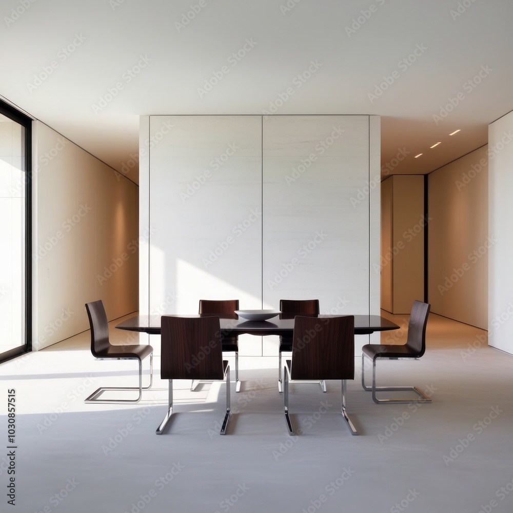 Fototapeta premium A modern dining room with a large table and six chairs. The room is brightly lit and has a minimalist design.